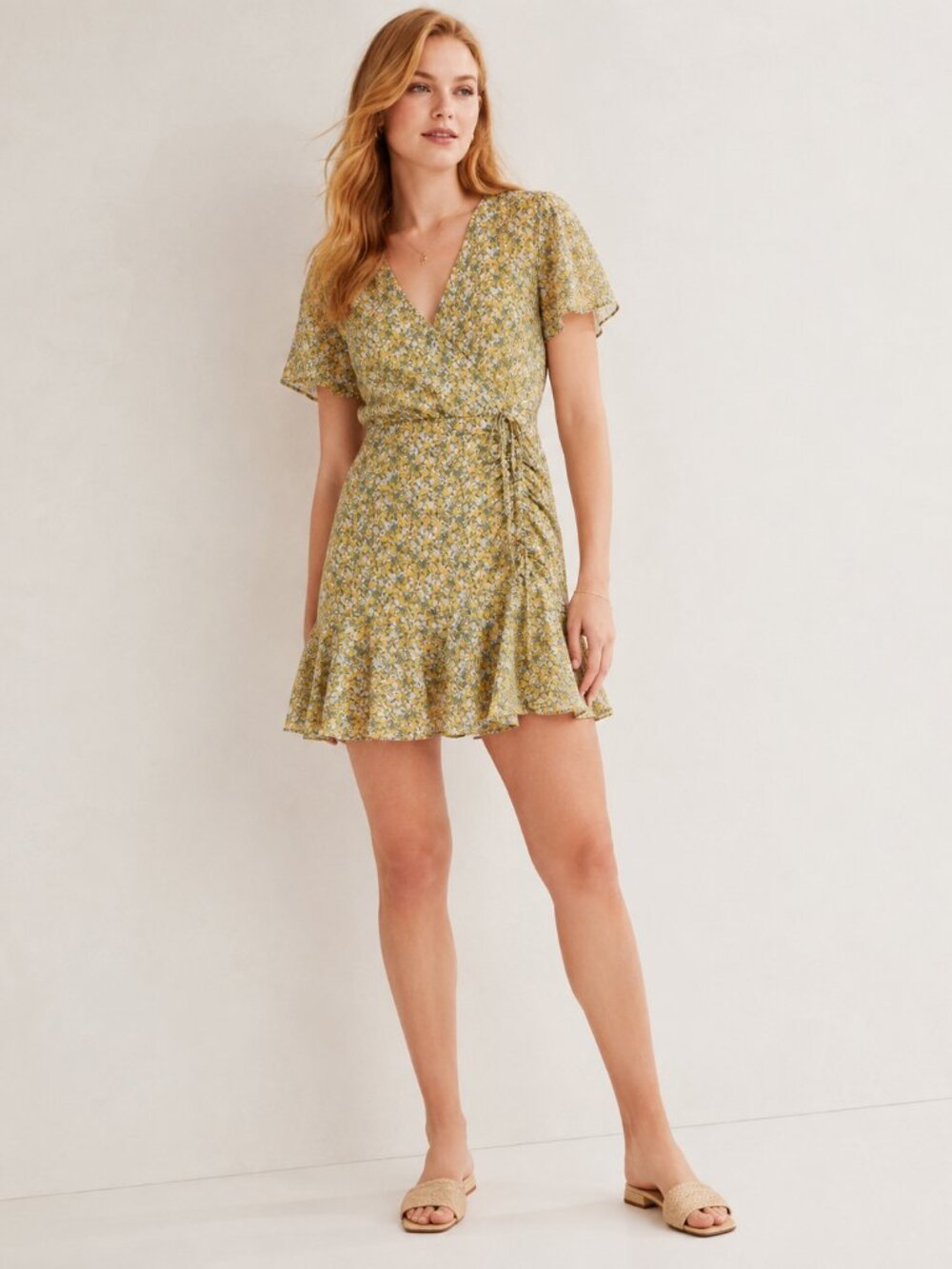 BB Dakota Big Flirt Energy Floral Ruched Detail Dress in Sunflower